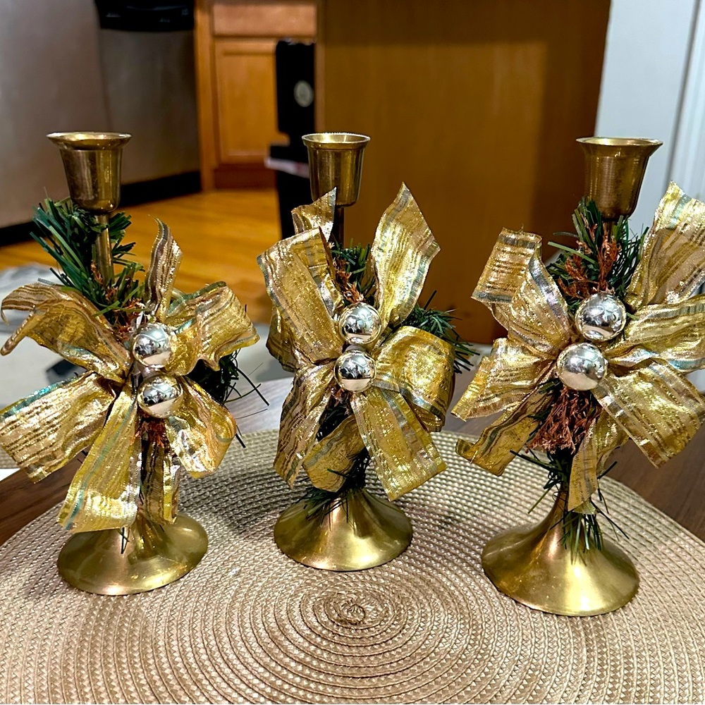 Set of 3 Vintage Hand Crafted Christmas Brass Candle Holders Made In India